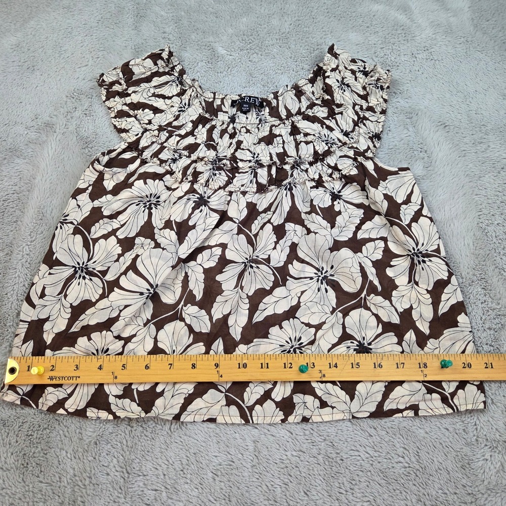 J.Crew Floral Smocked Ruffle Blouse Womens XXS Cotton Cap Sleeve Brown & White